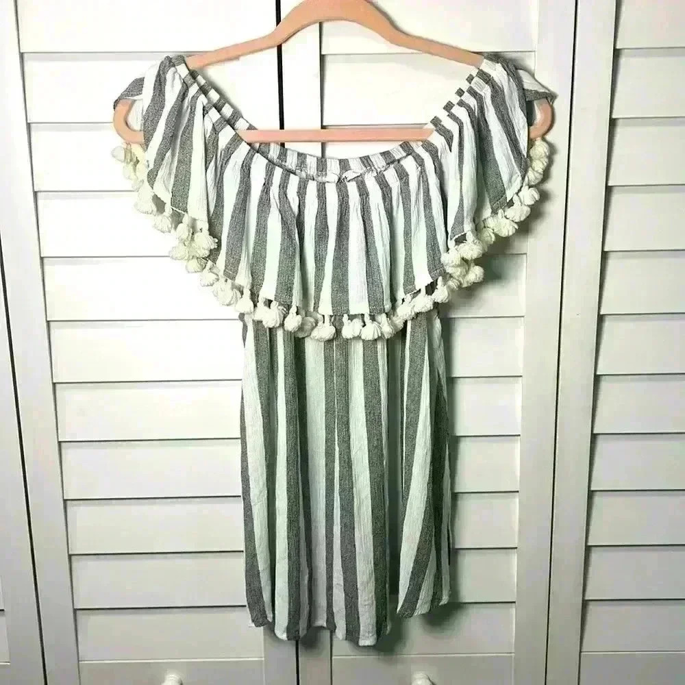 JODIFL Boho Off The Shoulder Sleeveless Pom Pom Fringe Tassel Top Size Large